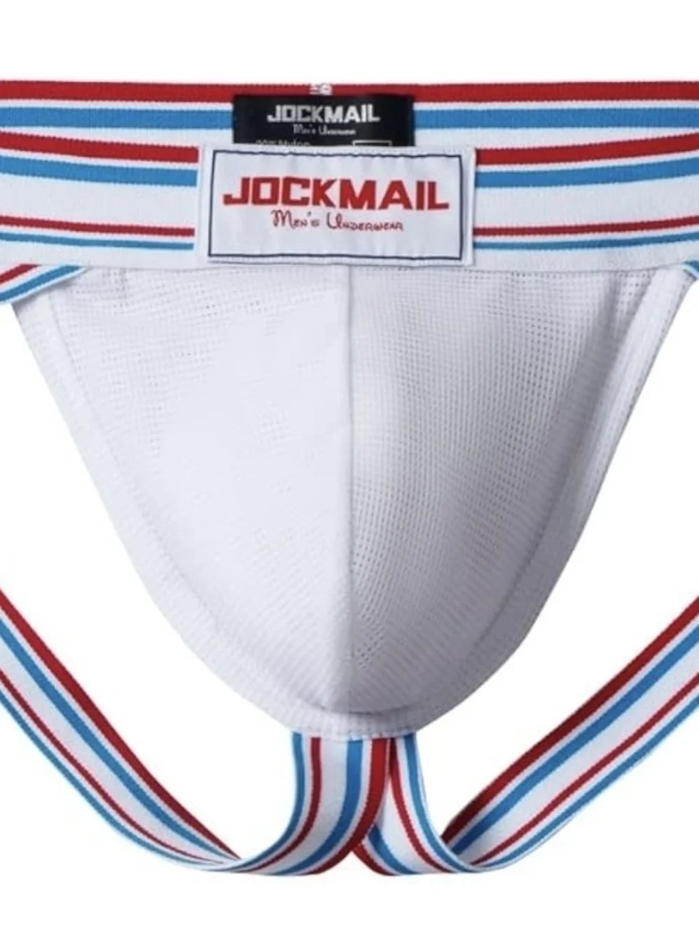 Jockmail Men's White Briefs with Red & Blue Stripe Waistband